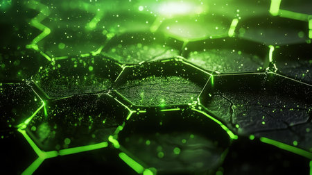 Futuristic green honeycomb abstract background with interconnected geometric cells and glowing particles.の素材