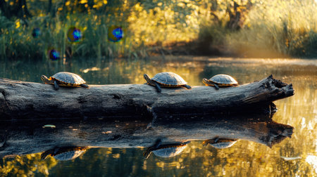Wetland pond with turtles basking on a weathered log under the soft glow of the afternoon sun.の素材