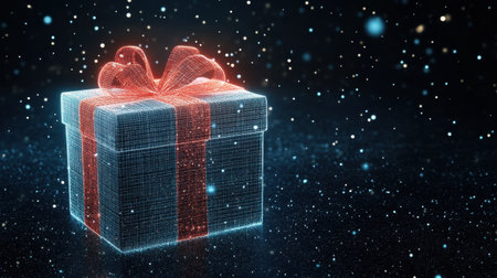 Wireframe-style gift box with bright red ribbon, glowing against a dark starry backdrop, symbolizing a festive surprise.の素材