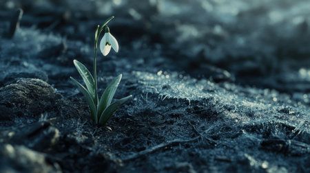 A close-up of a snowdrop surrounded by frost, its purity standing out against the cold, textured groundの素材