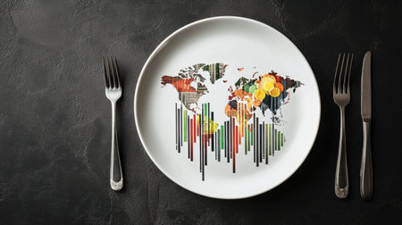 A dynamic plate design featuring rising bars of global economy metrics, with utensils symbolizing precision and measurementの素材