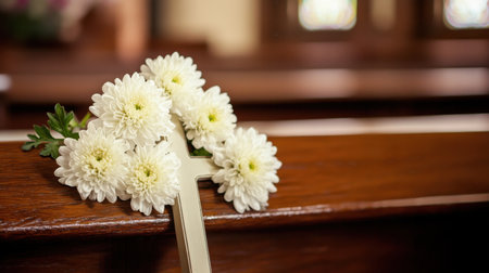 A delicate cross of white chrysanthemums resting on a pew, its simplicity highlighted by warm, natural lightの素材