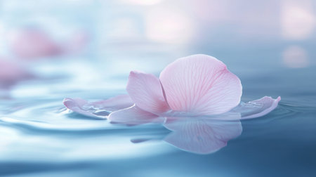 A delicate orchid petal floating on tranquil water, captured in close detail with soft, ethereal lightingの素材