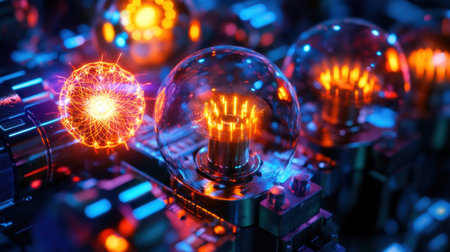 A futuristic closeup of quantum sensors glowing with radiant energy, surrounded by intricate detection equipmentの素材