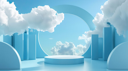 Abstract stage with a blue 3D platform and white clouds, ideal for a minimal and light product display.の素材