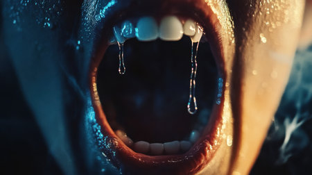 Extreme close-up of a person mouth screaming, saliva droplets captured in vivid clarity, evoking raw emotionの素材