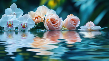 Roses and orchids floating serenely on water, their reflections merging with gentle ripples in a calming sceneの素材