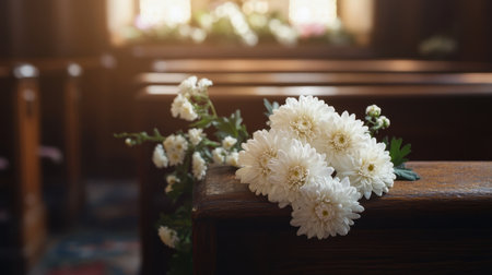 A delicate cross of white chrysanthemums resting on a pew, its simplicity highlighted by warm, natural lightの素材
