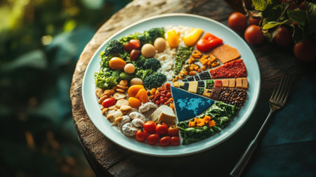 A plate divided into wedges, each labeled with a major economic sector, symbolizing the diversity of global industriesの素材