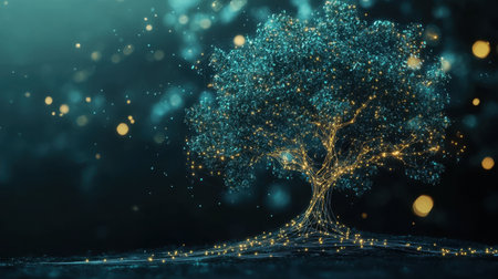 A conceptual tree with luminous digital patterns and natural leaves, symbolizing innovation and interconnected ecosystemsの素材