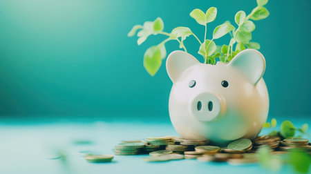 Minimalist piggy bank illustration with green saplings and coins on a teal background for eco-financeの素材