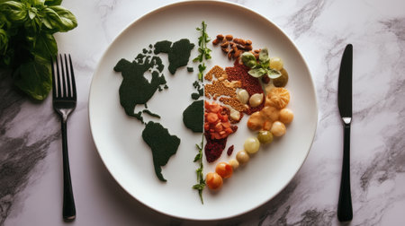 A creative plate design segmented into economic sectors, showcasing the interconnectedness of industries worldwideの素材