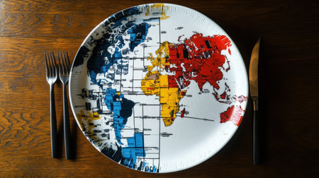 A creative plate design segmented into economic sectors, showcasing the interconnectedness of industries worldwideの素材