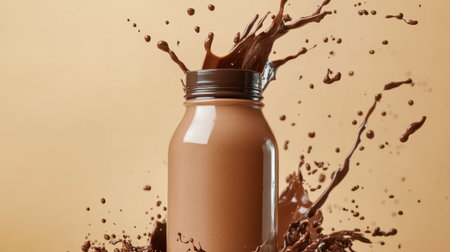 A protein shake bottle with dynamic chocolate liquid splashes, creating energy on a neutral tan backgroundの素材