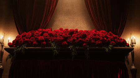 A dramatic casket arrangement of deep red roses atop rich velvet draping, illuminated by soft, warm lightingの素材