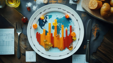 A dynamic plate design featuring rising bars of global economy metrics, with utensils symbolizing precision and measurementの素材
