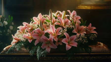 Pink lilies with delicate greenery in an ornate floral arrangement on a casket, lit by warm, soft lightの素材