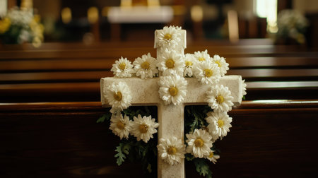 A serene floral cross crafted from white chrysanthemums, placed on a wooden pew in a quiet churchの素材