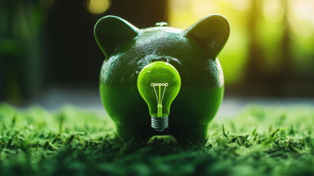 Close-up of a green electric bulb piggy bank, perfect as a symbol for energy conservation and sustainability adsの素材