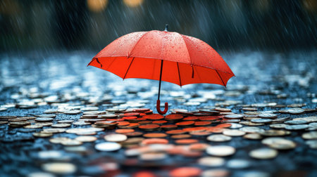 A vibrant red umbrella stands out in the rain, surrounded by shimmering coins, symbolizing protection and hope in financial uncertaintyの素材