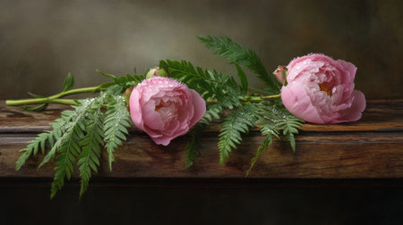 Soft pink peonies with green fern fronds, dew drops accentuating their beauty, resting on a rustic wooden tableの素材