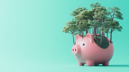 Close-up of a pink piggy bank with trees growing from its slots, highlighting sustainable financial growth on a teal backgroundの素材
