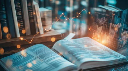 DNA strands glowing alongside business charts and books, representing innovation and evolution in business learningの素材
