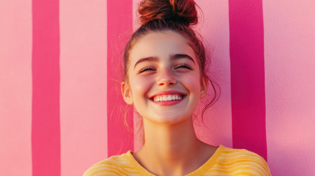 Stylish young girl with a bun, smiling brightly against a fun and vibrant pink backgroundの素材