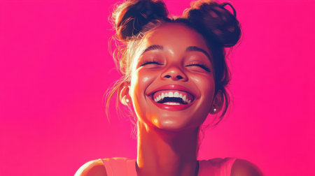 Young girl with a bun hairstyle, wearing a cheerful smile against a vibrant pink background, radiating joyの素材