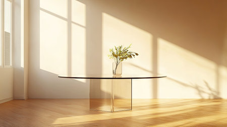 A clean and stylish minimalist room featuring a round table with a plant in a vase. Sunlight casts soft shadows, creating a serene atmosphere.の素材