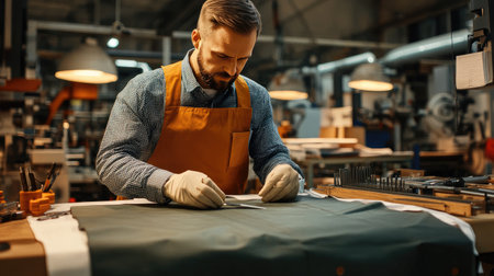 A skilled craftsman focuses on his work in a textile workshop, showcasing dedication and precision while handling materials to create quality items.の素材