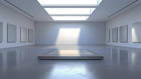 Bright and airy modern art gallery featuring minimalist design and natural light. The empty space invites creativity and reflection in an elegant atmosphere.の素材