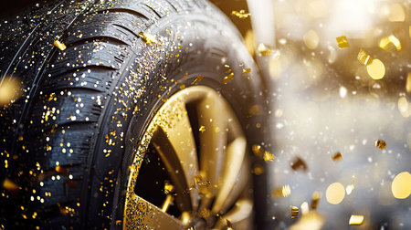 A vibrant tire surrounded by swirling golden confetti, symbolizing celebration and joy. Perfect for themes of achievement, festivity, and excitement.の素材