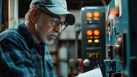 A senior technician analyzes equipment in a vintage workshop, showcasing hands-on skills and deep concentration. The setting reflects dedication to the craft.の素材