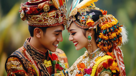 A vibrant portrait of a Balinese couple dressed in traditional attire. Their joyful expression and elaborate costumes reflect rich cultural heritage and celebration.の素材