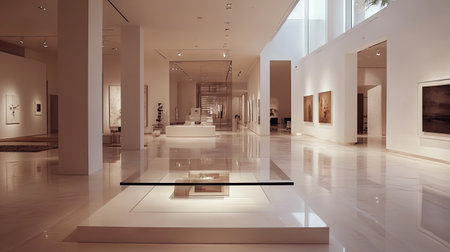 A spacious modern art gallery showcasing contemporary artworks. The elegant lighting, minimalistic design, and open space create a serene atmosphere for art lovers.の素材