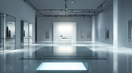 A spacious modern art gallery featuring a minimalist design, bright lighting, and sleek glass displays. Ideal for showcasing contemporary art and installations.の素材