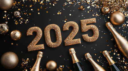 Celebrate the arrival of 2025 with this glamorous arrangement featuring champagne, glitter, and festive decorationsの素材