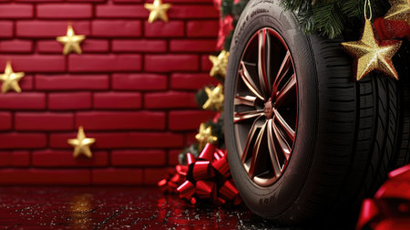 A decorative tire set against a vibrant red brick wall, adorned with festive stars and Christmas ornaments, creating a cheerful holiday atmosphere.の素材