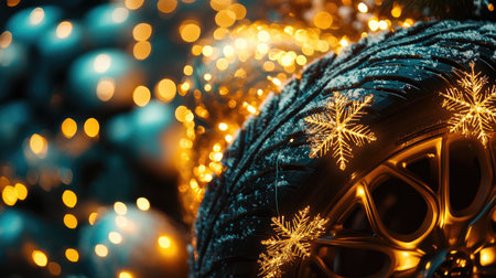 A close-up of a winter-themed tire adorned with golden lights and snowflakes. This photo captures the essence of holiday celebrations, evoking warmth and cheer.の素材