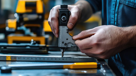 A skilled craftsman meticulously measures metal using precise tools in a workshop setting. The image captures the essence of craftsmanship and attention to detail.の素材