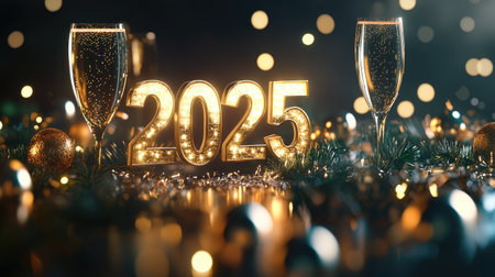 Celebrate the arrival of 2025 with this festive scene featuring sparkling numbers and champagne glasses, creating a joyful and elegant atmosphere for New Year festivities.の素材
