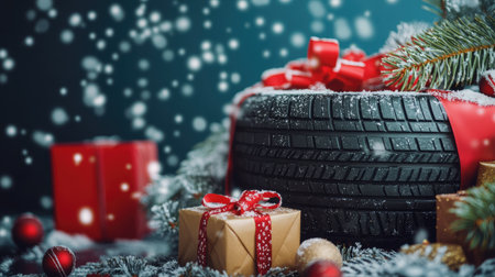 A charming holiday arrangement featuring a tire adorned with ribbons and surrounded by presents, evoking feelings of joy and celebration during the winter season.の素材