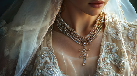 A beautiful close-up of an elegant bridal necklace adorned with pearls, showcasing intricate details and rich textures ideal for wedding fashion.の素材