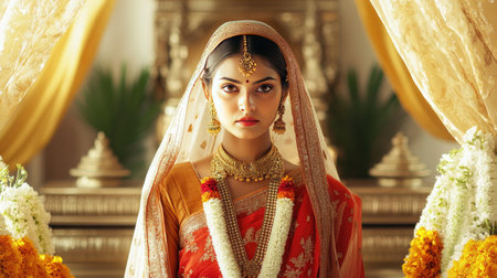 A stunning portrait of an Indian bride in traditional attire, exuding elegance and grace. The vibrant colors and intricate jewelry highlight cultural beauty and festive spirit.の素材