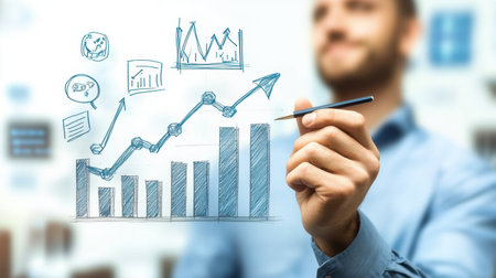A businessman engaged in data analysis, presenting digital graphs and charts that illustrate growth and trends, reflecting strategic insights in a modern office setting.の素材