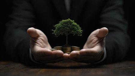 A powerful symbol of investment and growth, this image features hands cradling a small tree emerging from a pile of coins, illustrating the harmony between finance and nature.の素材