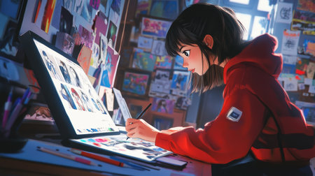 A young woman intently focuses on her digital illustration in a vibrant studio filled with creative inspiration, showcasing her passion for art and design.の素材