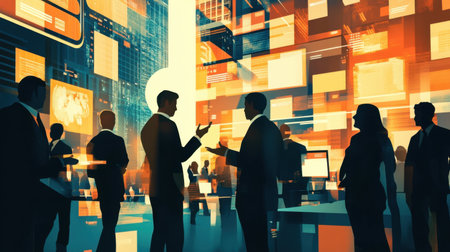 A vibrant office scene featuring business professionals engaged in conversation amidst digital displays, illustrating teamwork and modern work dynamics in a corporate space.の素材