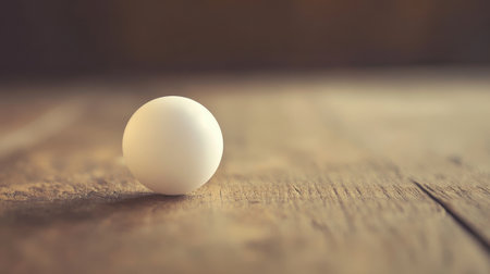 A serene close-up image of a single white ball resting on a rustic wooden surface, highlighting natural light and minimalist beauty for creative uses.の素材